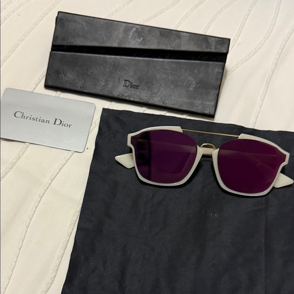 Dior White Frame Sunglasses with Purple Lenses and Gold Bridge